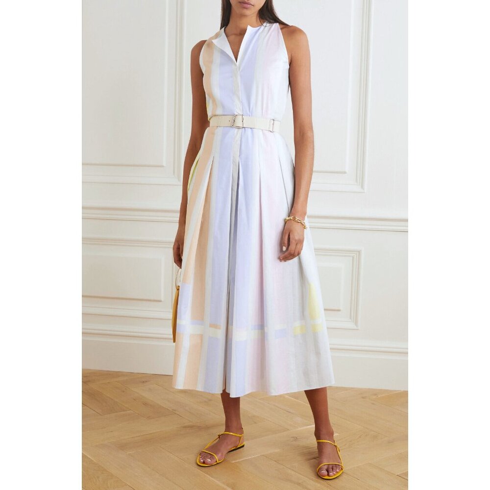 Akris Pastel Stripe Bars Print Shirt Dress Midi Pleated Colorblock Variazioni 8 - Picture 1 of 15